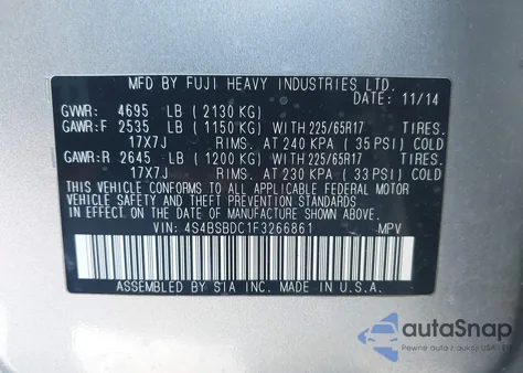 2015 Subaru Outback 2.5I Premium z USA, uszkodzony, nr VIN 4S4BSBDC1F3266861